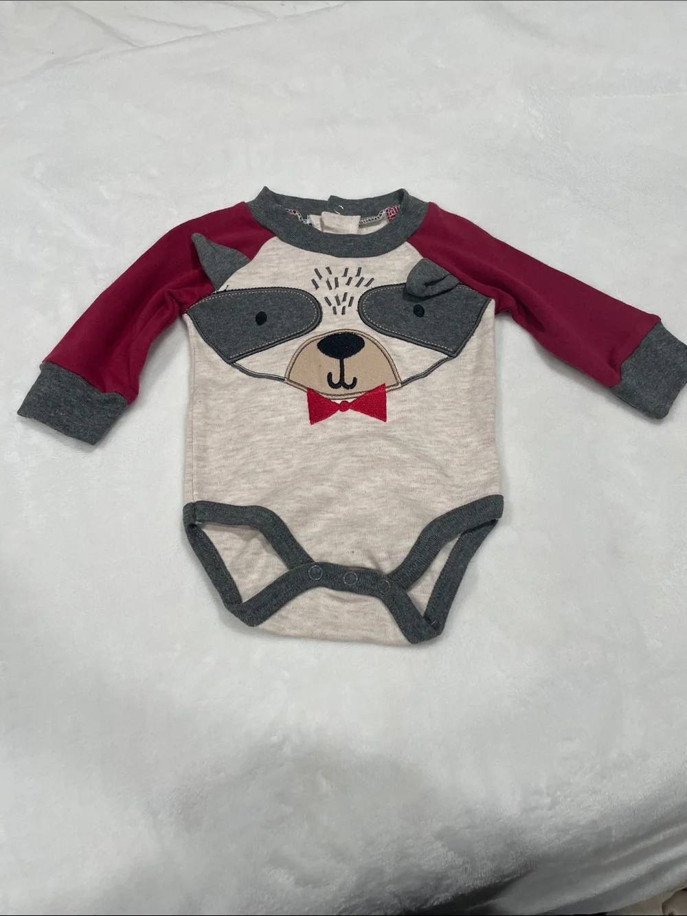 Neutral & Burgundy Raccoon Appliqué Baby One-Piece Bodysuit